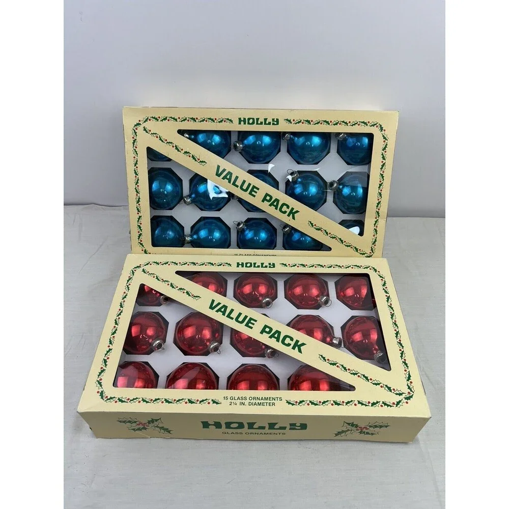 2 Pack VTG Holly Value‎ Pack 15 Glass Ornaments 2.25” Diameter Red Blue USA Made